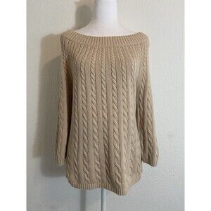 Talbots Sweater Cable Knit Women’s L Petite Beige 100% Cotton Off Shoulder